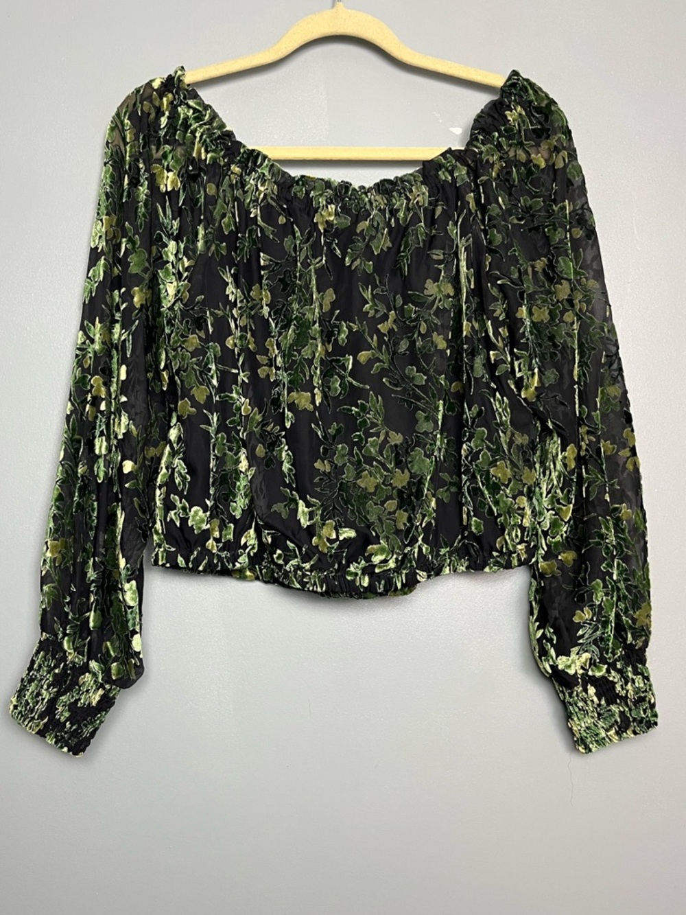 Anthropologie NWT Off-Shoulder Burnout Velvet Blouse Green Black Women’s Size M - Picture 3 of 8